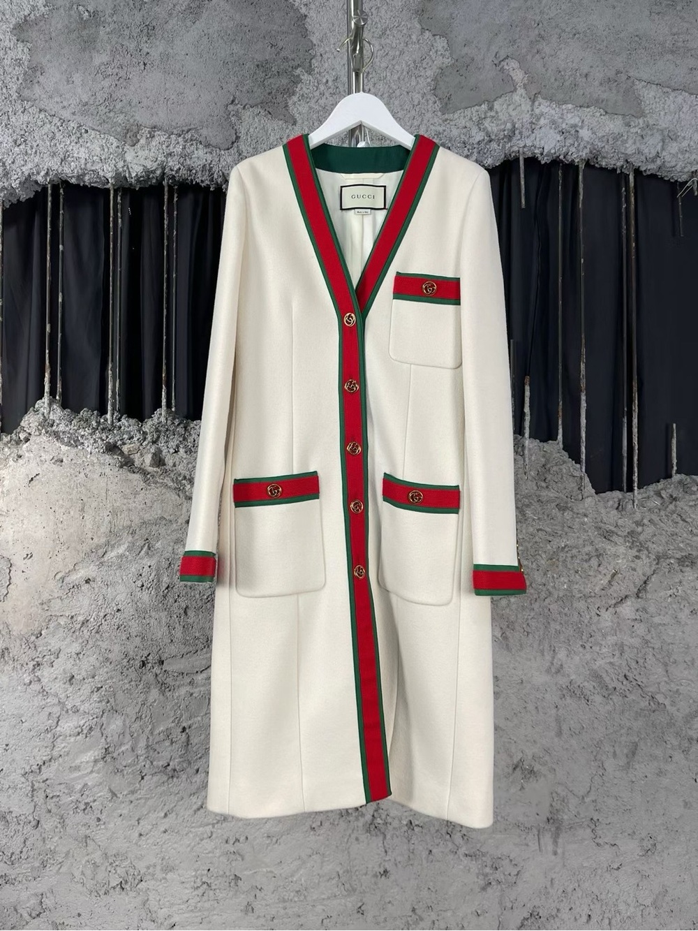 Gucci Cream Wool Long Cardigan with Red & Green Trim